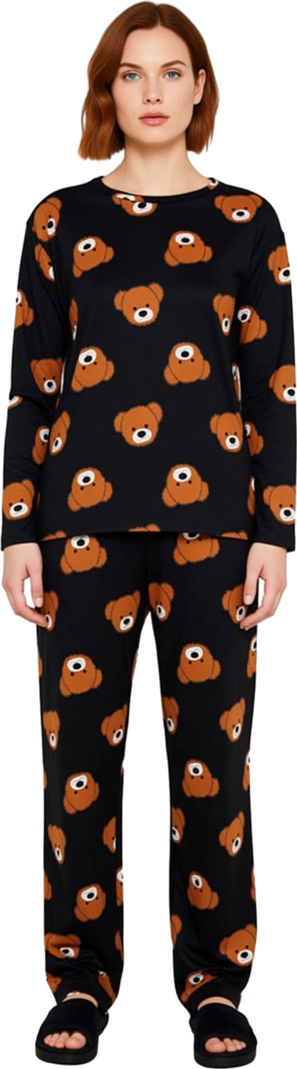 Kadın Ayıcık Desenli Pijama Takımı Bisiklet Yaka Fonksiyonel Dayanıklı Kaliteli Konforlu Şık