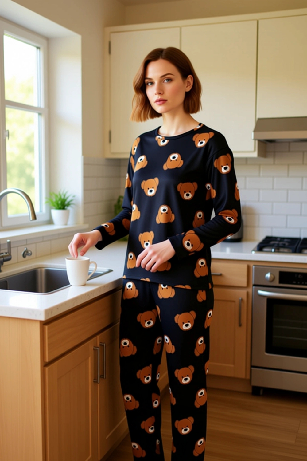 Kadın Ayıcık Desenli Pijama Takımı Bisiklet Yaka Fonksiyonel Dayanıklı Kaliteli Konforlu Şık
