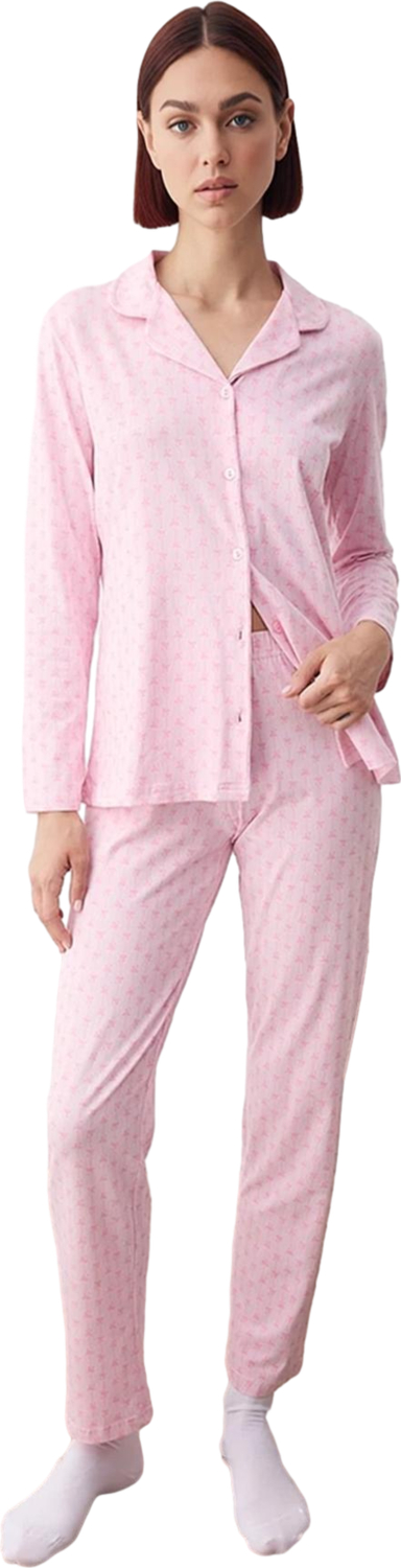 Kadın Fiyonk Desenli Gömlek Yaka Pijama Takımı Fonksiyonel Dayanıklı Kaliteli Konforlu Şık