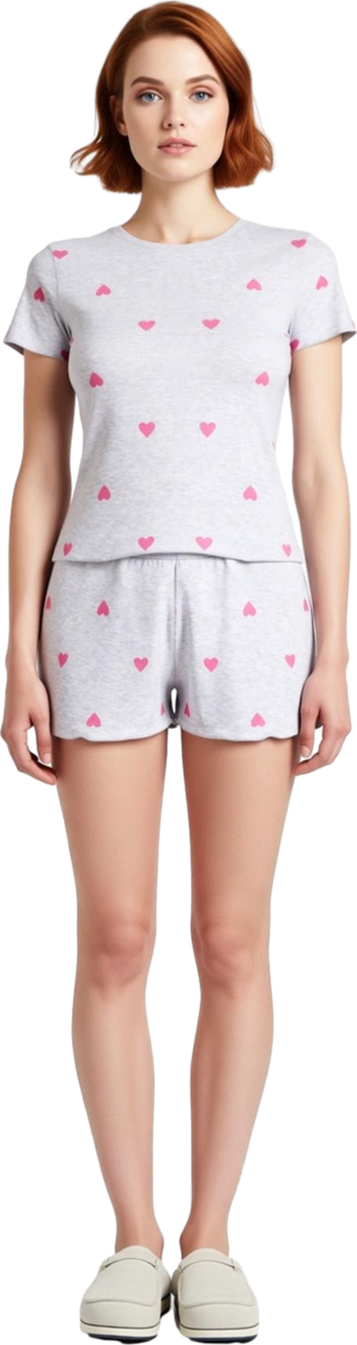 Rahat Yazlık Pijama Takımı Kalpli Desen Örme Kumaş Lastikli Şort Yüksek Kalite Mükemmel Uyum