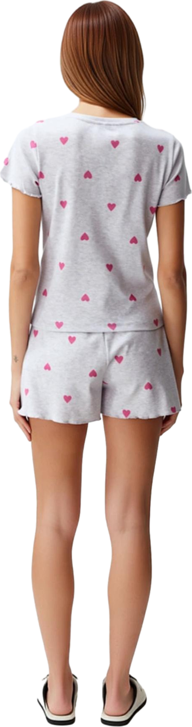 Rahat Yazlık Pijama Takımı Kalpli Desen Örme Kumaş Lastikli Şort Yüksek Kalite Mükemmel Uyum