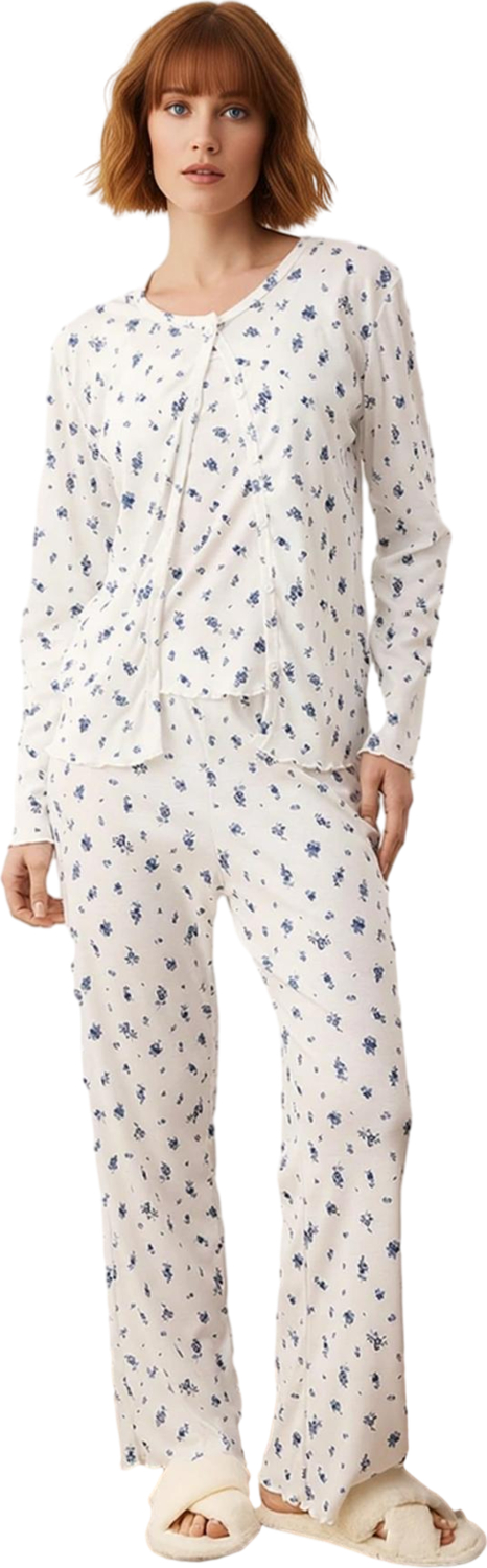 Kadın Çiçekli Fitilli Örme Pijama Takımı Hırkalı ve Pantolonlu Fonksiyonel Dayanıklı Rahat