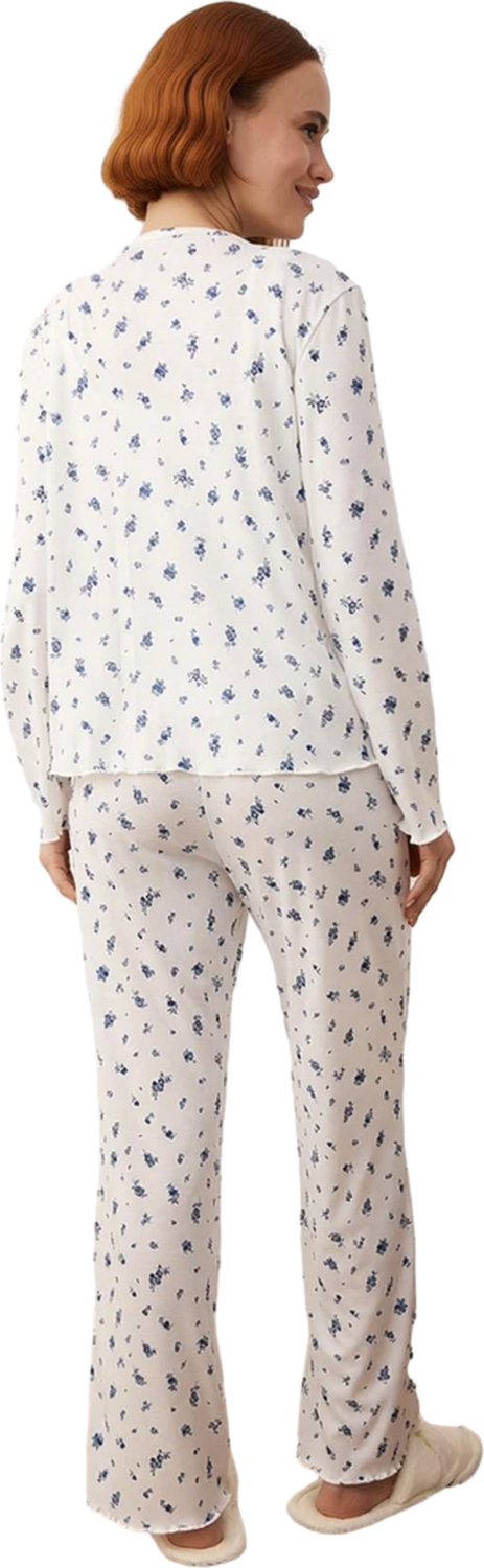 Kadın Çiçekli Fitilli Örme Pijama Takımı Hırkalı ve Pantolonlu Fonksiyonel Dayanıklı Rahat