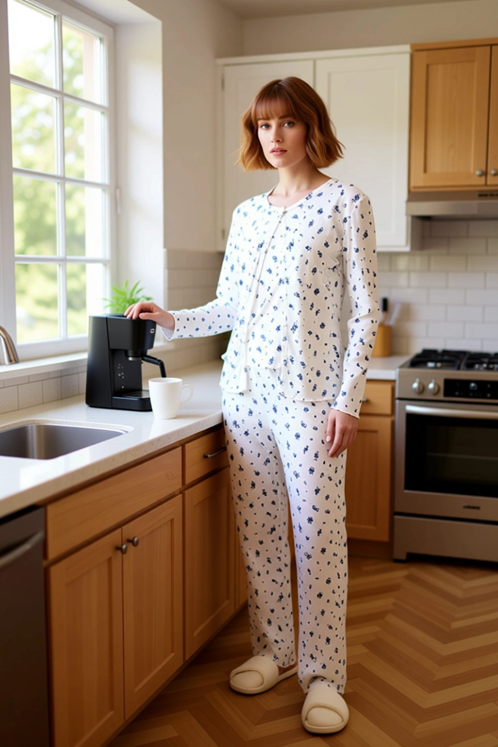 Kadın Çiçekli Fitilli Örme Pijama Takımı Hırkalı ve Pantolonlu Fonksiyonel Dayanıklı Rahat