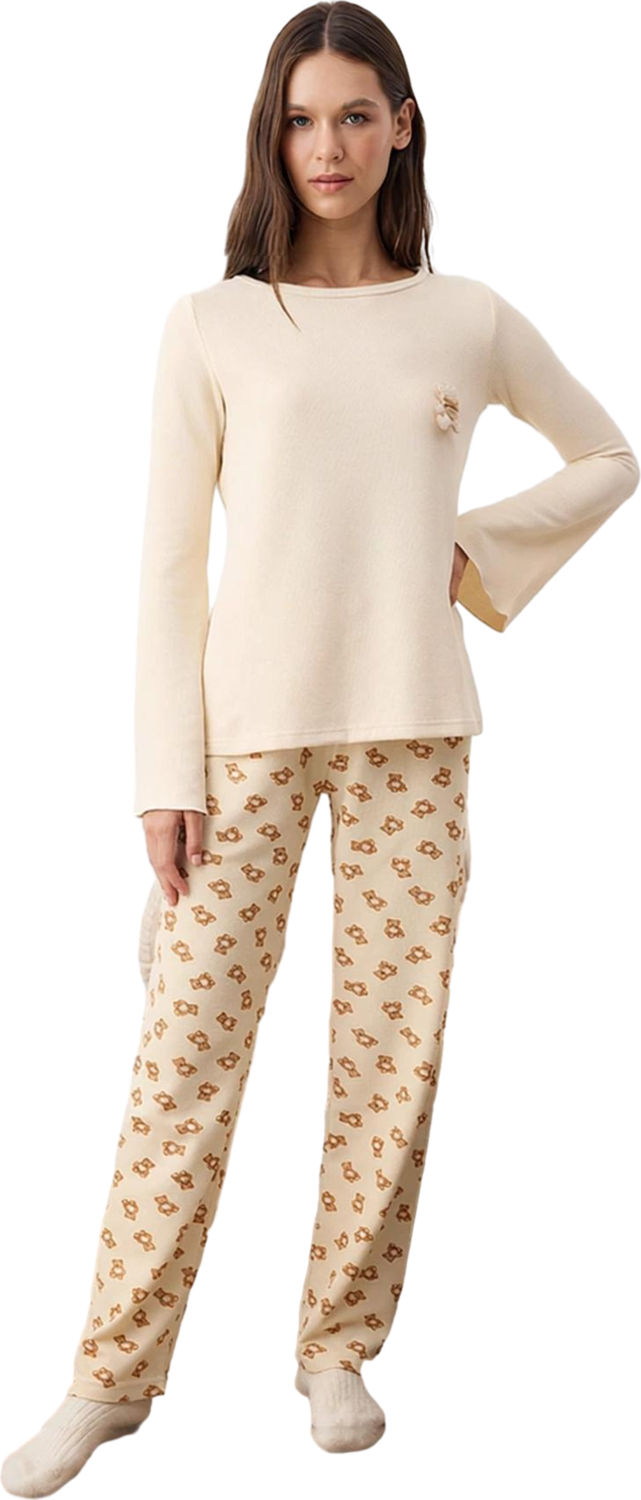 Kadın Ayıcık Desenli Waffle Pijama Takımı Fonksiyonel Dayanıklı Kaliteli Konforlu Estetik Şık