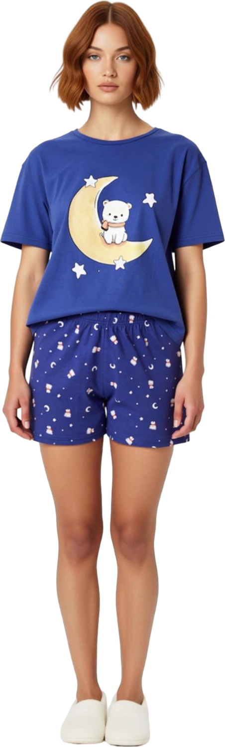 Kadın Ayıcık Baskılı Bisiklet Yaka Şortlu Pijama Takımı Fonksiyonel Dayanıklı Kaliteli Şık