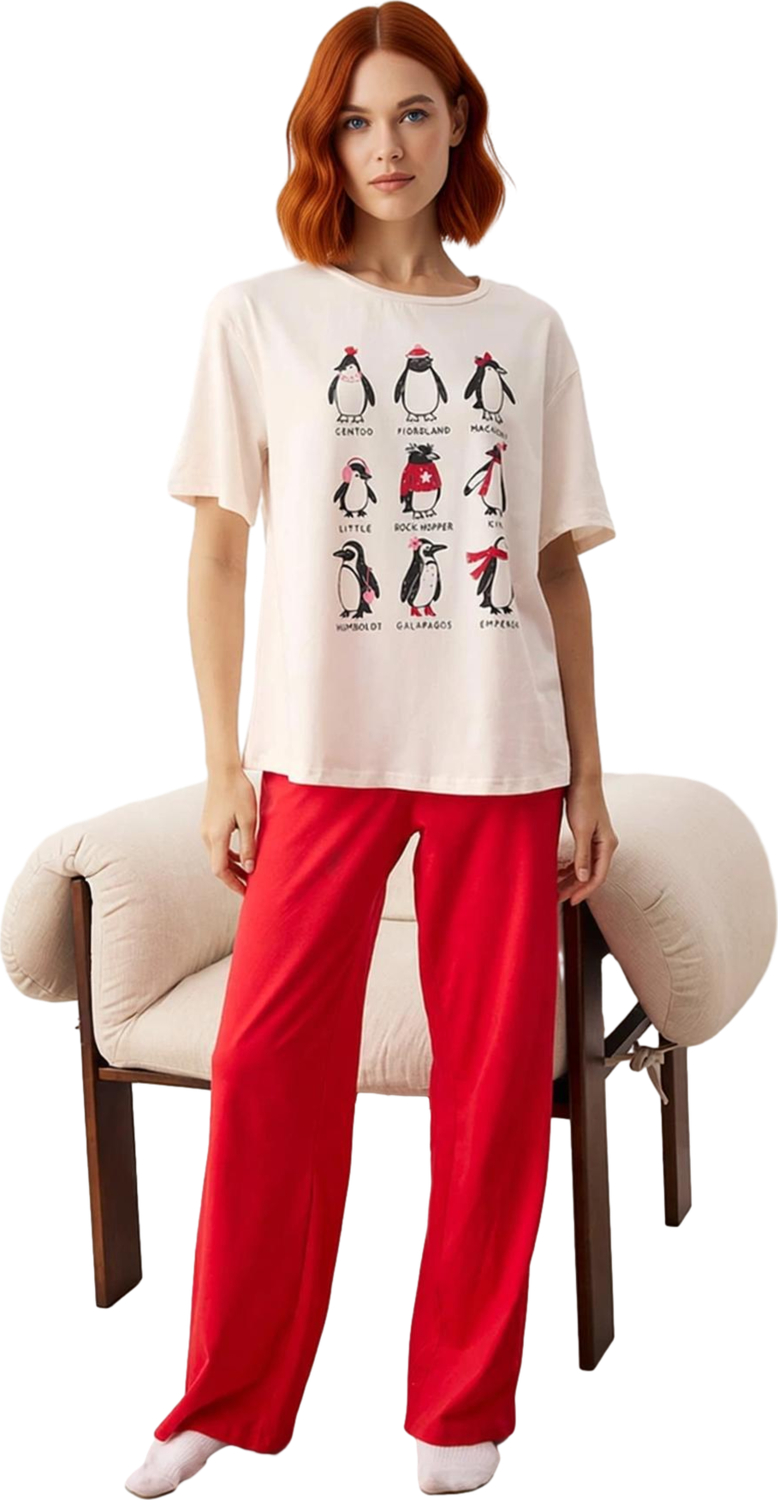 Kadın Penguen Baskılı Bisiklet Yaka Pijama Takımı Fonksiyonel Dayanıklı Kaliteli Konforlu Şık