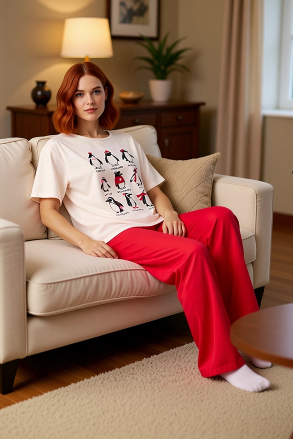 Kadın Penguen Baskılı Bisiklet Yaka Pijama Takımı Fonksiyonel Dayanıklı Kaliteli Konforlu Şık