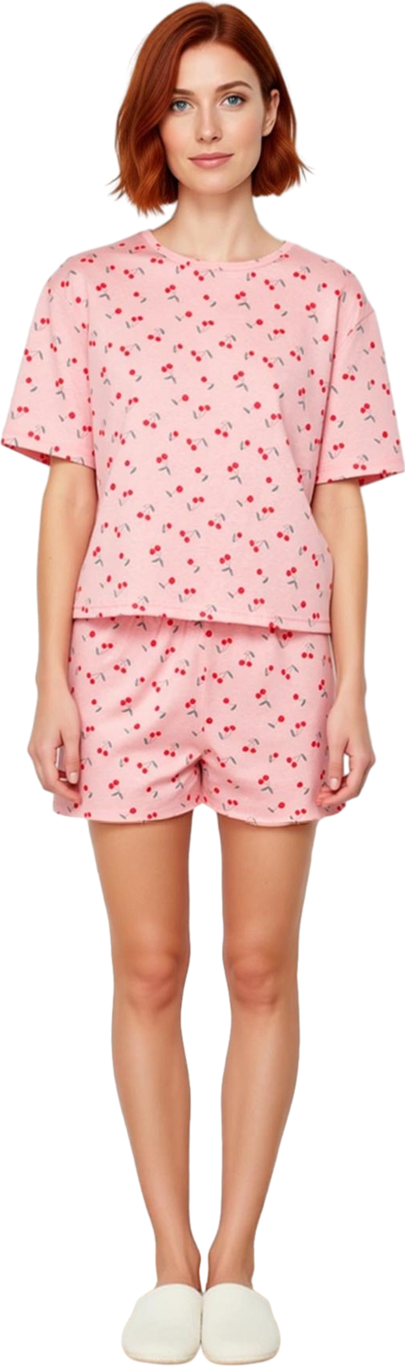 Kadın Baskılı Ev Giyim Pijama Takımı Kiraz Desenli Fonksiyonel Dayanıklı Kaliteli Konforlu