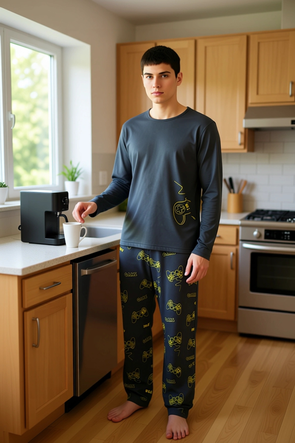 Erkek Oyun Baskılı Bisiklet Yaka Uzun Kollu Pijama Fonksiyonel Dayanıklı Kaliteli Konforlu
