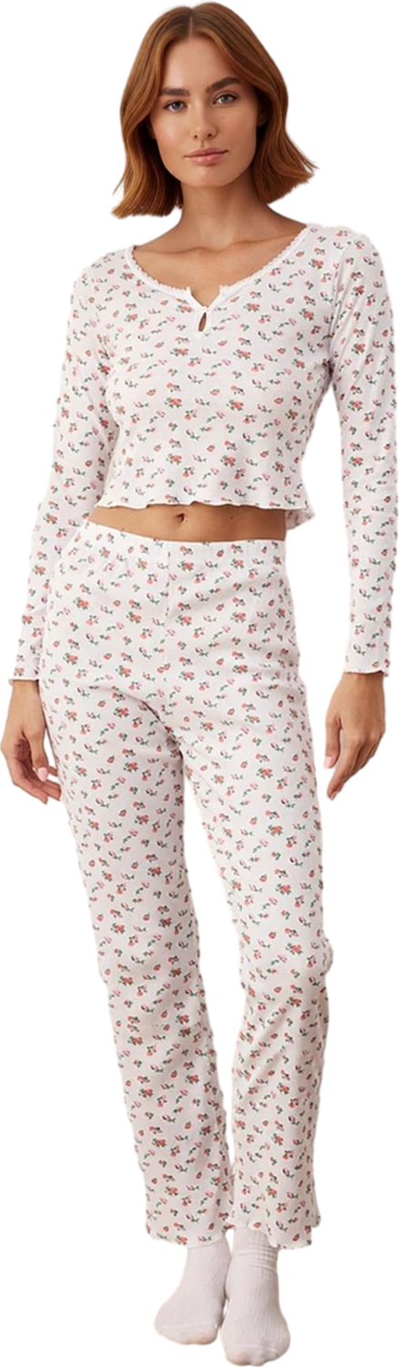 Kadın Çiçek Desenli Pamuklu Polyester Pijama Takımı Fonksiyonel Dayanıklı Kaliteli Estetik