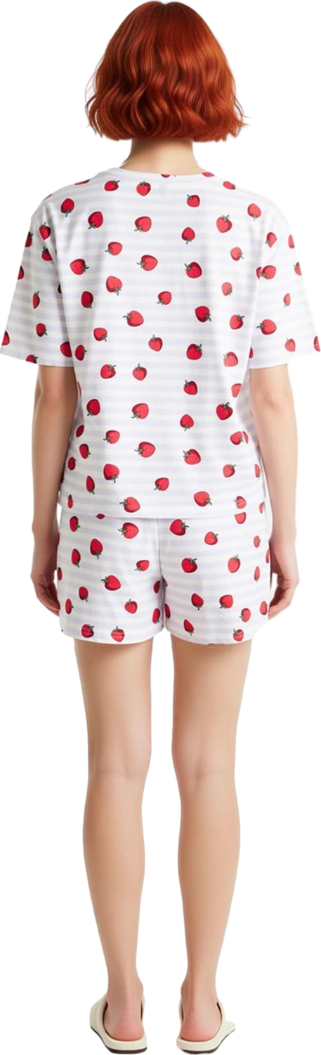 Kadın Çizgili ve Çilekli Pijama Takımı Bisiklet Yaka Fonksiyonel Dayanıklı Kaliteli Modern