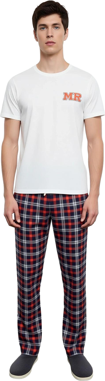 Erkek Ekose Desenli Bisiklet Yaka Pamuklu Pijama Takımı Fonksiyonel Dayanıklı Kaliteli Şık