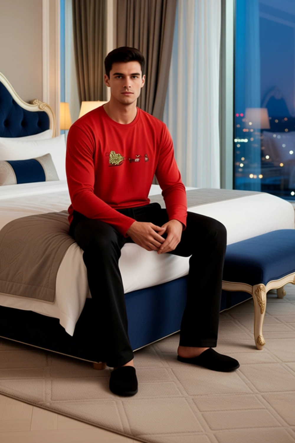 Erkek Kışlık Yılbaşı Baskılı Pijama Takımı Fonksiyonel Dayanıklı Kaliteli Konforlu Estetik