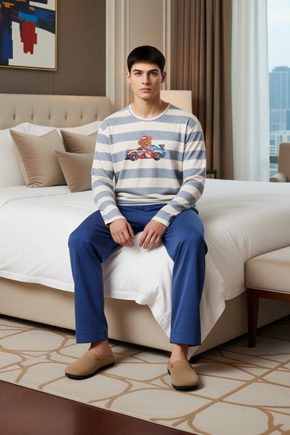 Cool Ayıcık Yarışçı Baskılı Regular Kesim Pijama Takımı Erkek Fonksiyonel Dayanıklı Modern