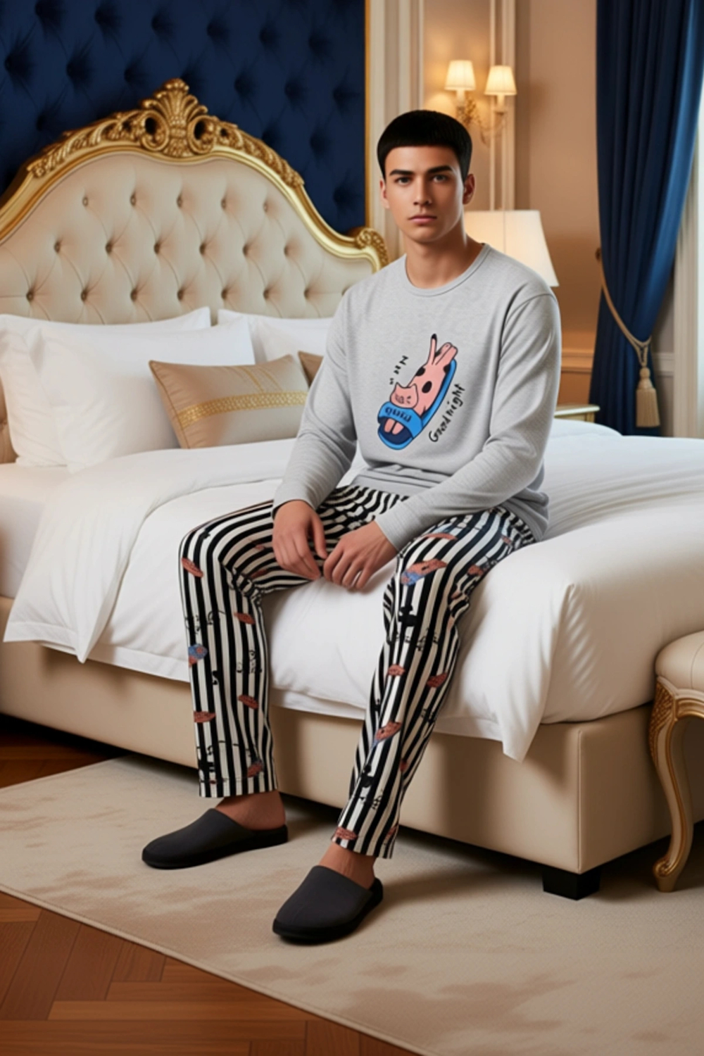 Kadın Hayvan Baskılı Bisiklet Yaka Sweatshirt ve Çizgili Pijama Altı Takımı Fonksiyonel Şık