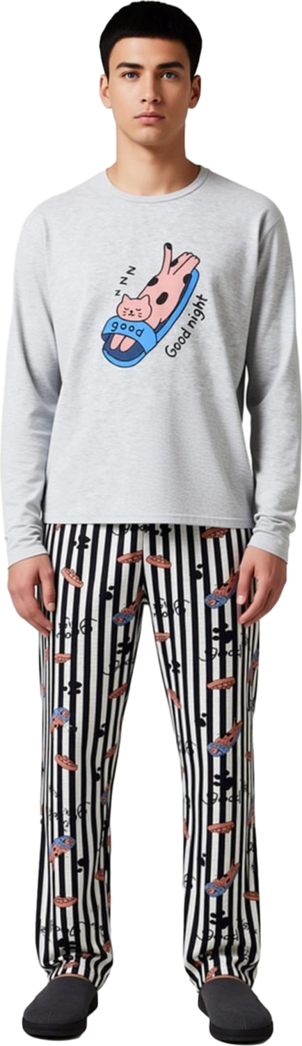 Kadın Hayvan Baskılı Bisiklet Yaka Sweatshirt ve Çizgili Pijama Altı Takımı Fonksiyonel Şık