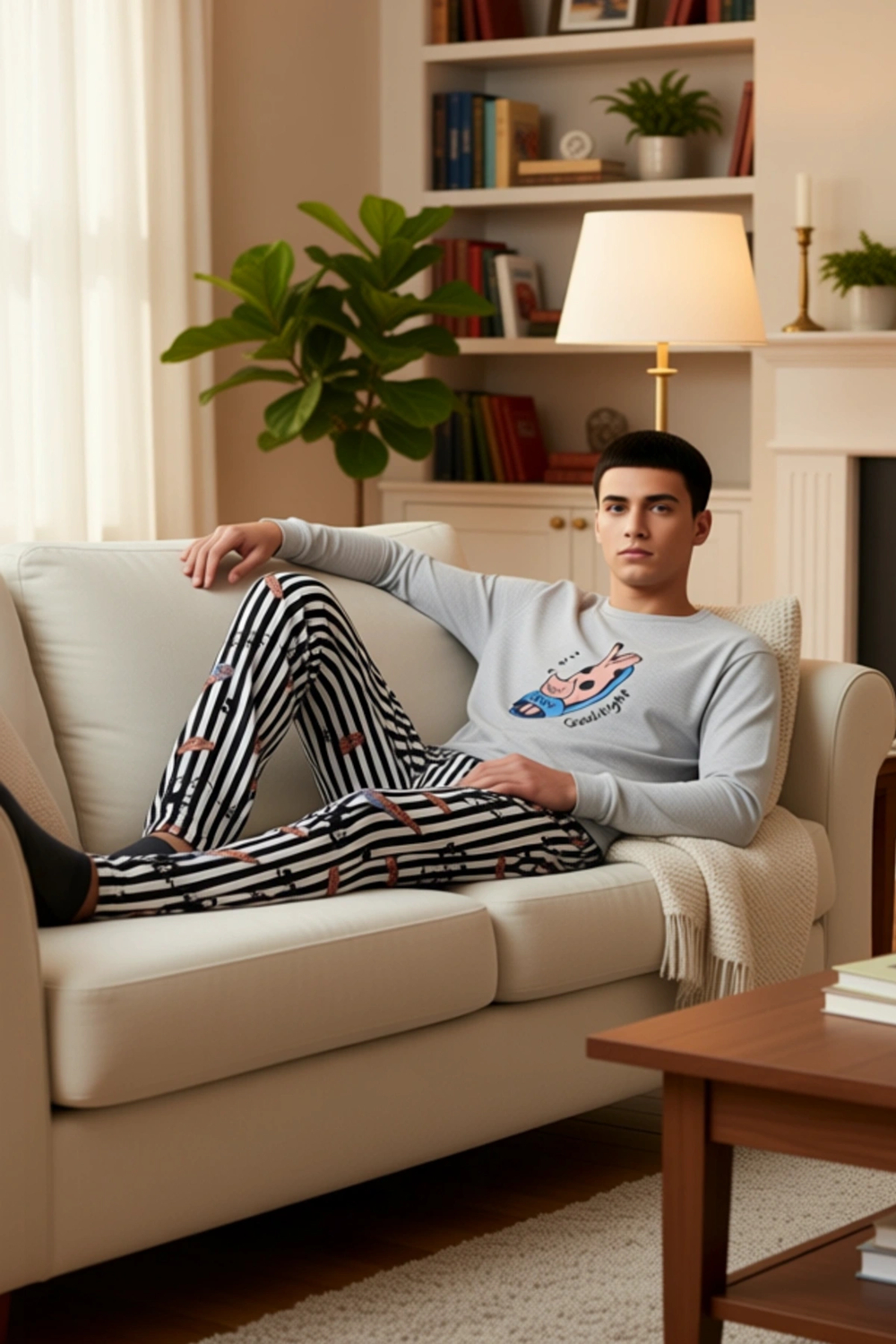 Kadın Hayvan Baskılı Bisiklet Yaka Sweatshirt ve Çizgili Pijama Altı Takımı Fonksiyonel Şık