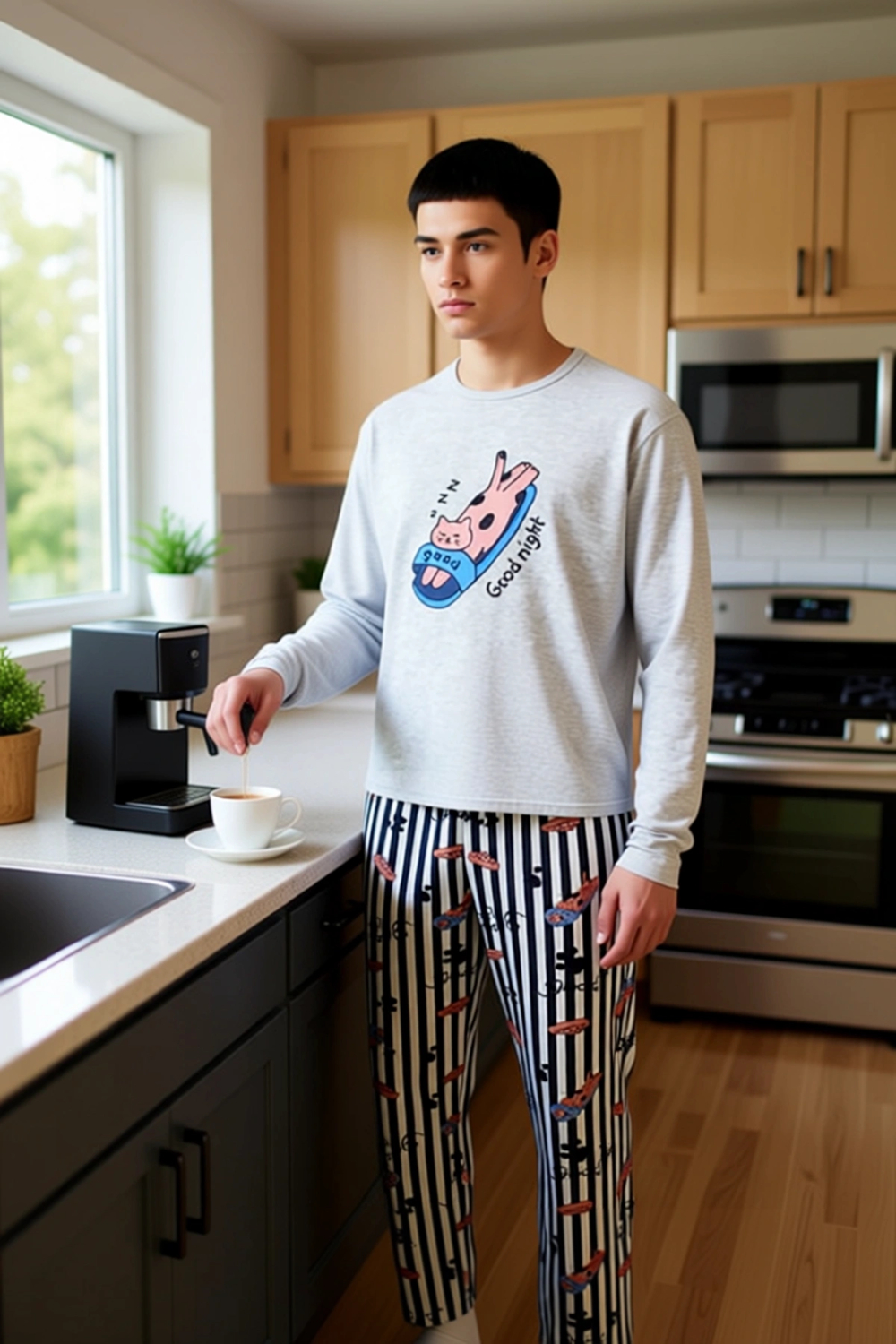 Kadın Hayvan Baskılı Bisiklet Yaka Sweatshirt ve Çizgili Pijama Altı Takımı Fonksiyonel Şık