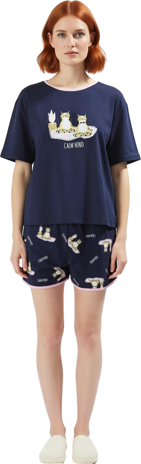 Kadın Kedi Desenli Bisiklet Yaka Şortlu Pijama Fonksiyonel Dayanıklı Kaliteli Konforlu Şık