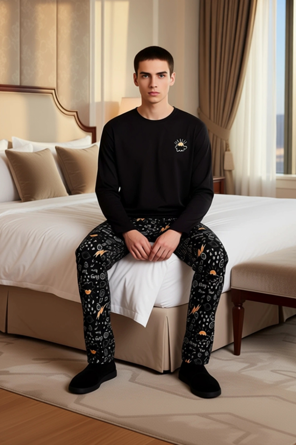 Erkek Haki Uzun Kollu Nakışlı Pijama Takımı Fonksiyonel Dayanıklı Kaliteli Konforlu Modern