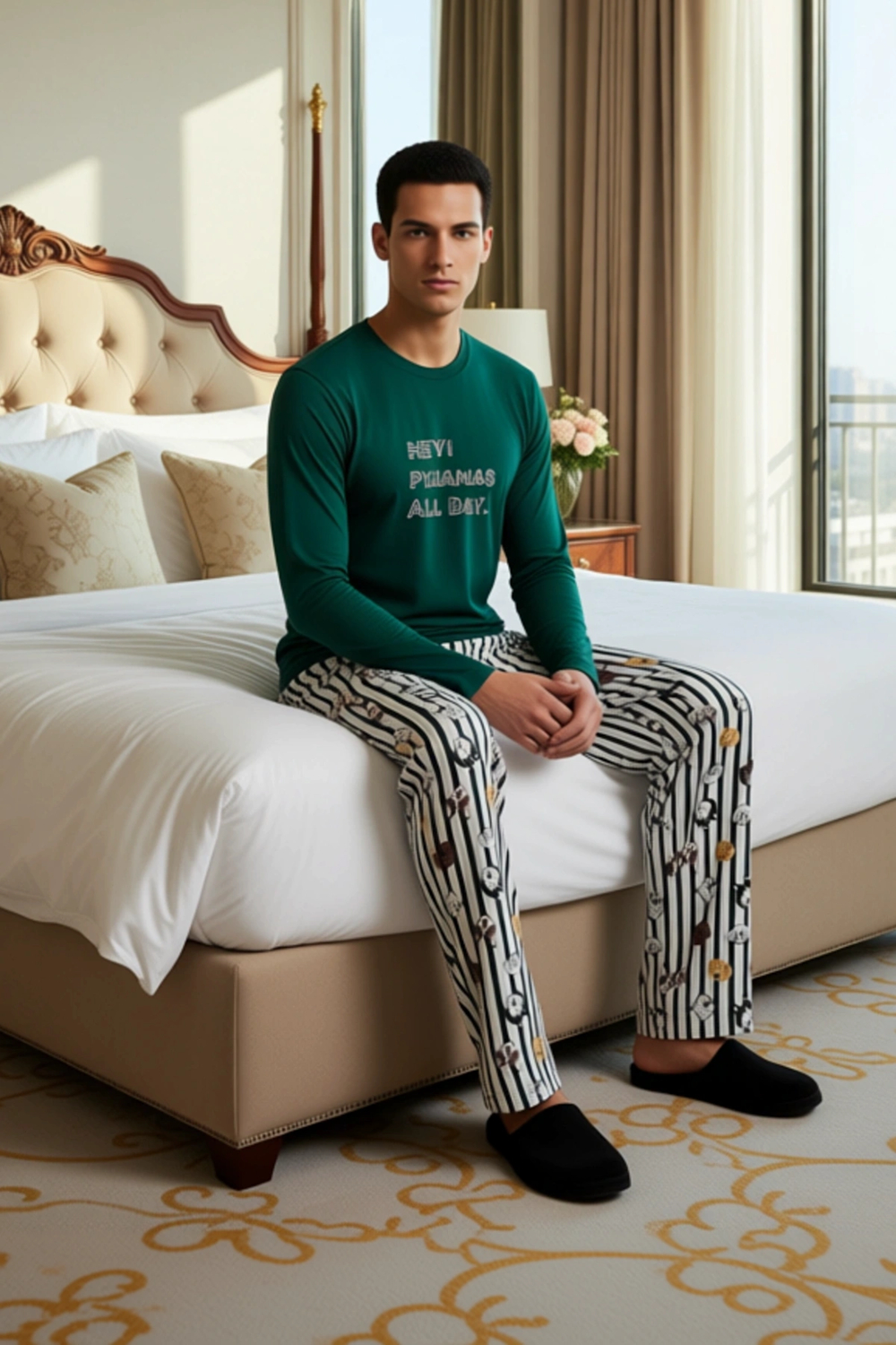 Erkek Baskılı Bisiklet Yaka Pijama Takımı Cool & Comfort Fonksiyonel Dayanıklı Kaliteli Şık