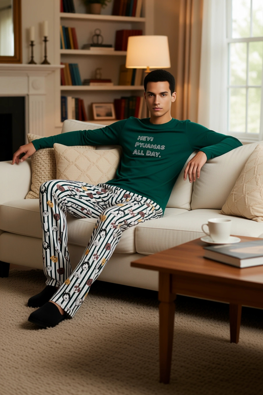 Erkek Baskılı Bisiklet Yaka Pijama Takımı Cool & Comfort Fonksiyonel Dayanıklı Kaliteli Şık