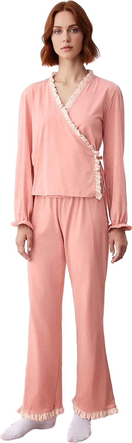 Kadın Somon Renk Fırfırlı Kruvaze Gömlek ve Pantolon Pijama Takımı Fonksiyonel Dayanıklı Şık