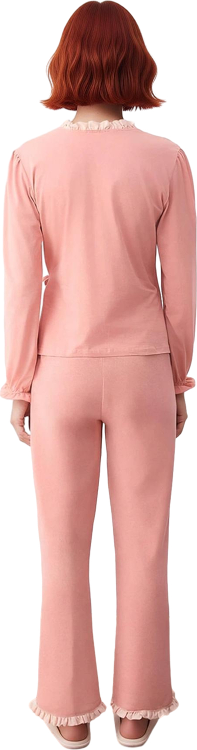 Kadın Somon Renk Fırfırlı Kruvaze Gömlek ve Pantolon Pijama Takımı Fonksiyonel Dayanıklı Şık