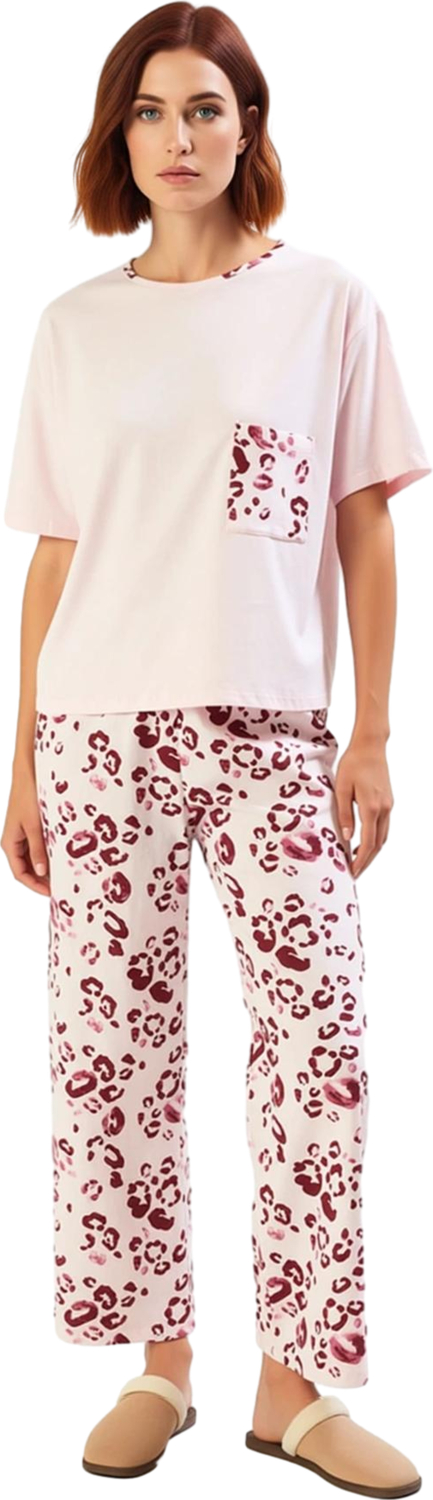 Kadın Pudra Leopar Desenli Bisiklet Yaka Kapri Pijama Takımı Fonksiyonel Dayanıklı Estetik