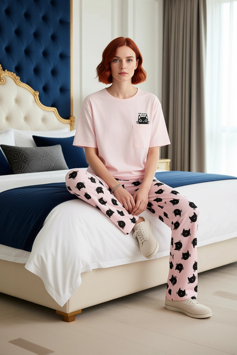 Kadın Kedi Baskılı Pamuklu Pijama Takımı Fonksiyonel Dayanıklı Kaliteli Konforlu Estetik Şık