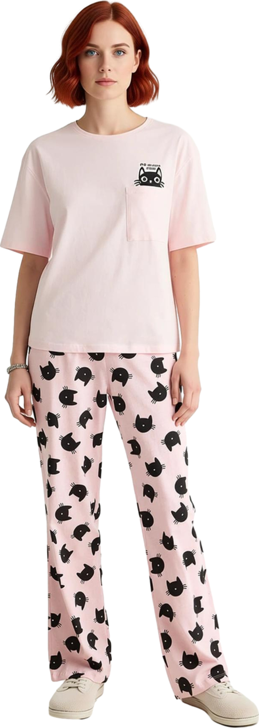 Kadın Kedi Baskılı Pamuklu Pijama Takımı Fonksiyonel Dayanıklı Kaliteli Konforlu Estetik Şık
