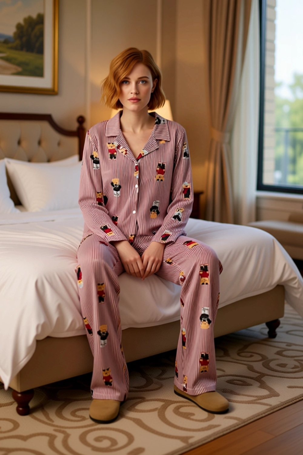 Kadın Çizgili Ayıcık Baskılı Pijama Seti Fonksiyonel Dayanıklı Kaliteli Konforlu Estetik Şık