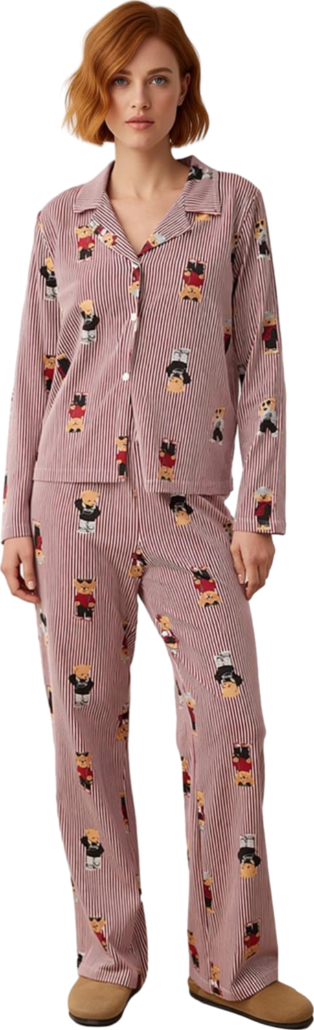 Kadın Çizgili Ayıcık Baskılı Pijama Seti Fonksiyonel Dayanıklı Kaliteli Konforlu Estetik Şık