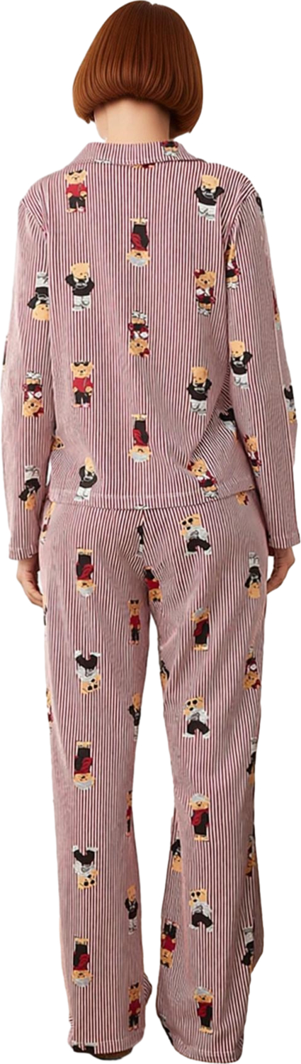 Kadın Çizgili Ayıcık Baskılı Pijama Seti Fonksiyonel Dayanıklı Kaliteli Konforlu Estetik Şık