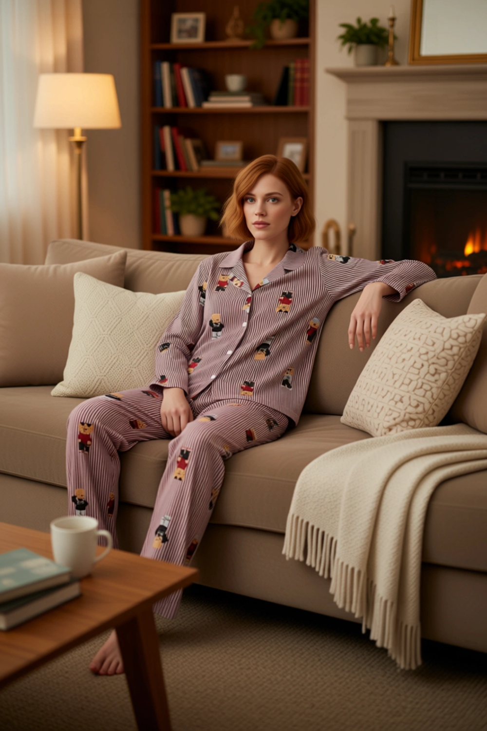 Kadın Çizgili Ayıcık Baskılı Pijama Seti Fonksiyonel Dayanıklı Kaliteli Konforlu Estetik Şık
