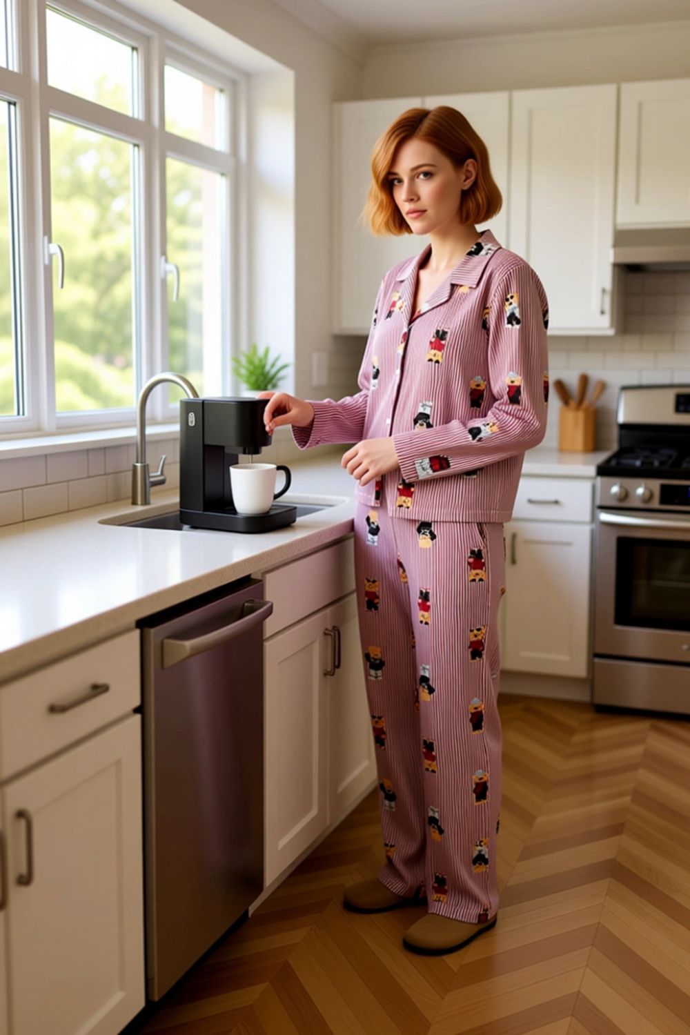 Kadın Çizgili Ayıcık Baskılı Pijama Seti Fonksiyonel Dayanıklı Kaliteli Konforlu Estetik Şık