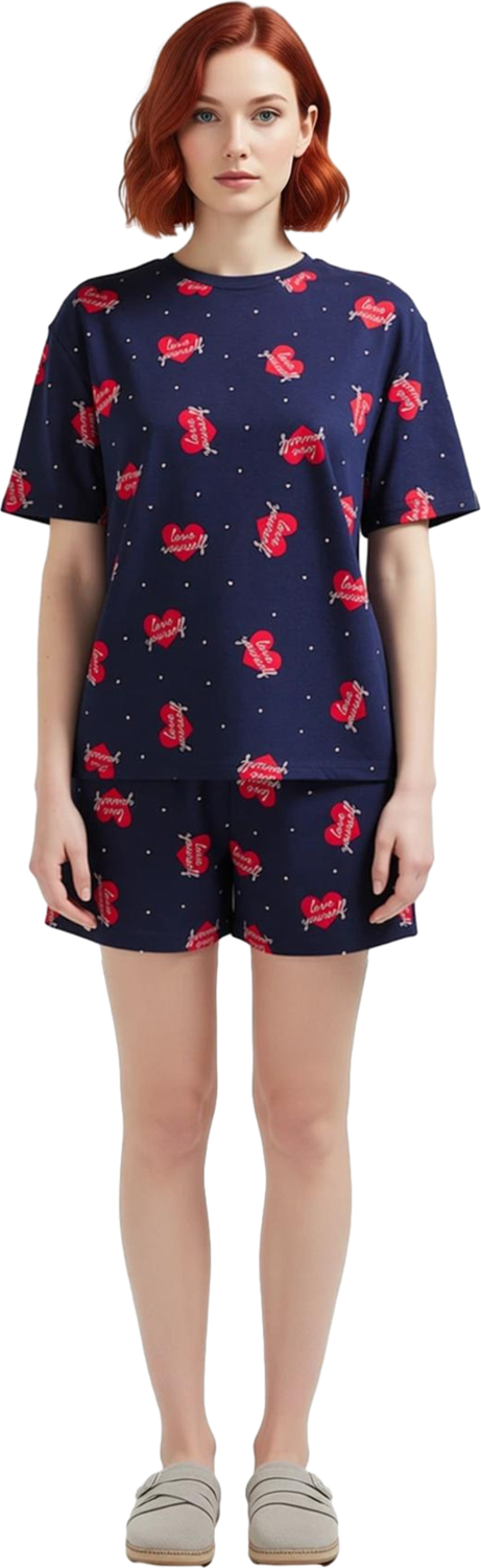 Kadın Kalp Sloganlı Örme Pijama Takımı Fonksiyonel Dayanıklı Kaliteli Konforlu Estetik Şık