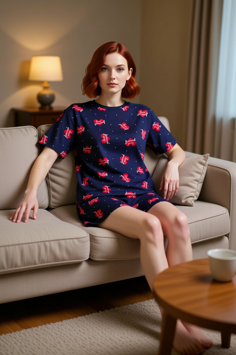 Kadın Kalp Sloganlı Örme Pijama Takımı Fonksiyonel Dayanıklı Kaliteli Konforlu Estetik Şık