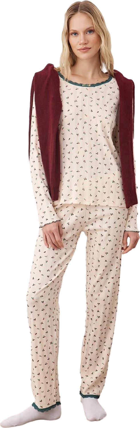 Kadın Çiçek Baskılı Pijama Takımı Dantel Detaylı Fonksiyonel Dayanıklı Kaliteli Konforlu Şık