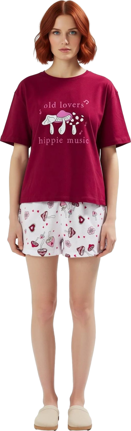 Pamuklu Pijama Takımı Mantar Desenli Şort ve Tişört Rahat Şık Günlük Kullanım İçin