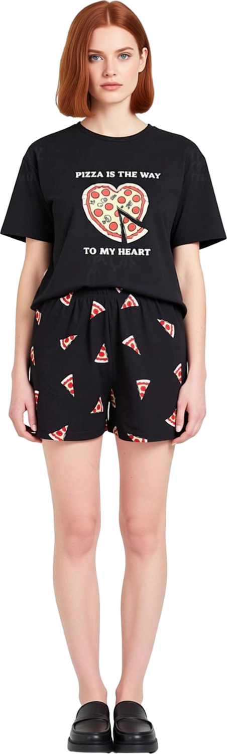 Kadın Kalp Pizza Baskılı Bisiklet Yaka Pijama Takımı Fonksiyonel Dayanıklı Kaliteli Modern