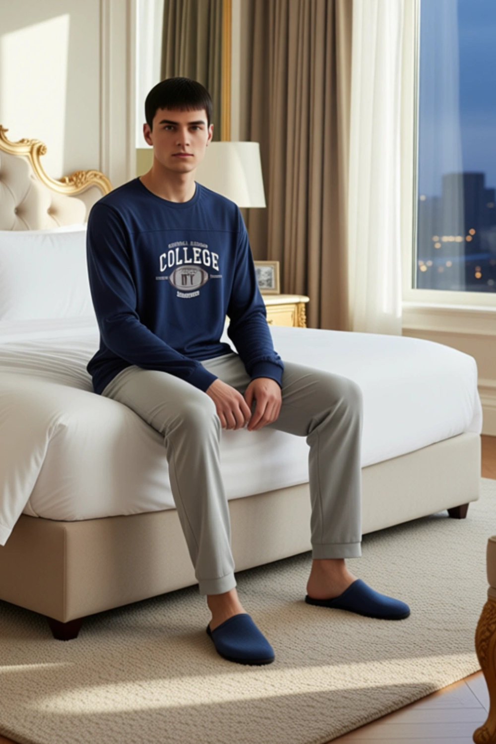 Erkek Spor Kolej Baskılı Uzun Kollu Pijama Takımı Fonksiyonel Dayanıklı Kaliteli Konforlu Şık