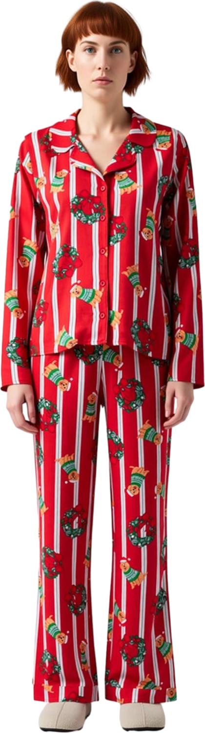 Erkek Kirmizi Cizgili Kopek Baskılı Pijama Takımı Fonksiyonel Dayanıklı Kaliteli Konforlu Şık