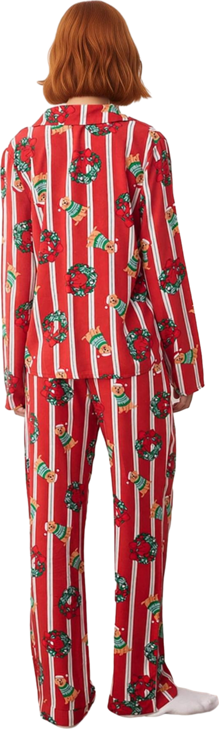Erkek Kirmizi Cizgili Kopek Baskılı Pijama Takımı Fonksiyonel Dayanıklı Kaliteli Konforlu Şık