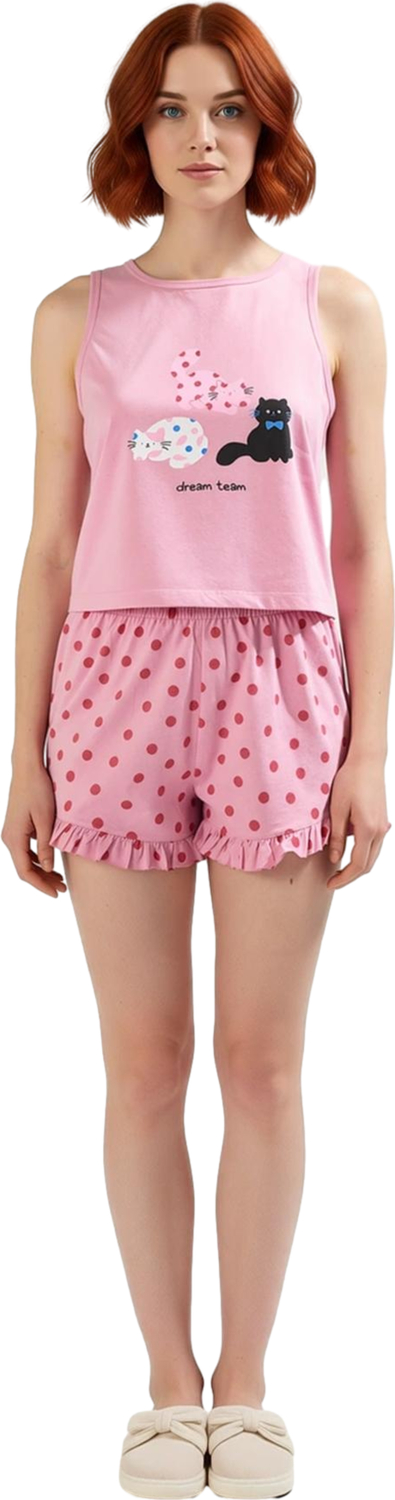 Kadin Puantiye Kedi Desenli Pijama Seti Fonksiyonel Dayanıklı Kaliteli Konforlu Estetik Şık