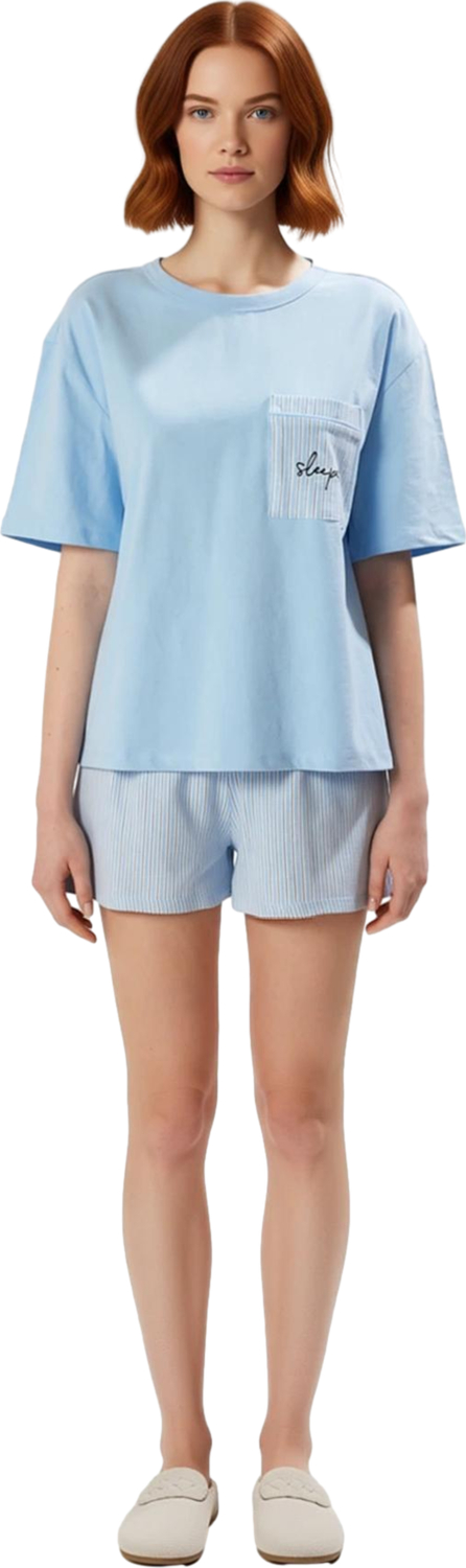 Kadın Çizgili Baskılı Pijama Takımı Bisiklet Yaka Fonksiyonel Dayanıklı Kaliteli Konforlu Şık