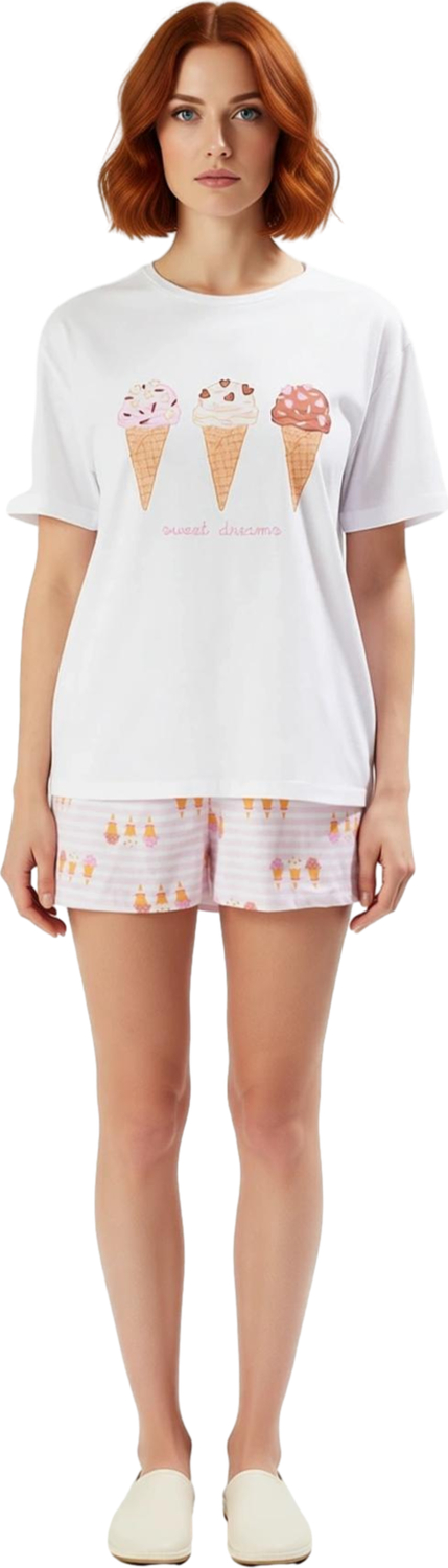 Kadın Dondurma Desenli Pijama Takımı Bisiklet Yaka Fonksiyonel Dayanıklı Kaliteli Konforlu
