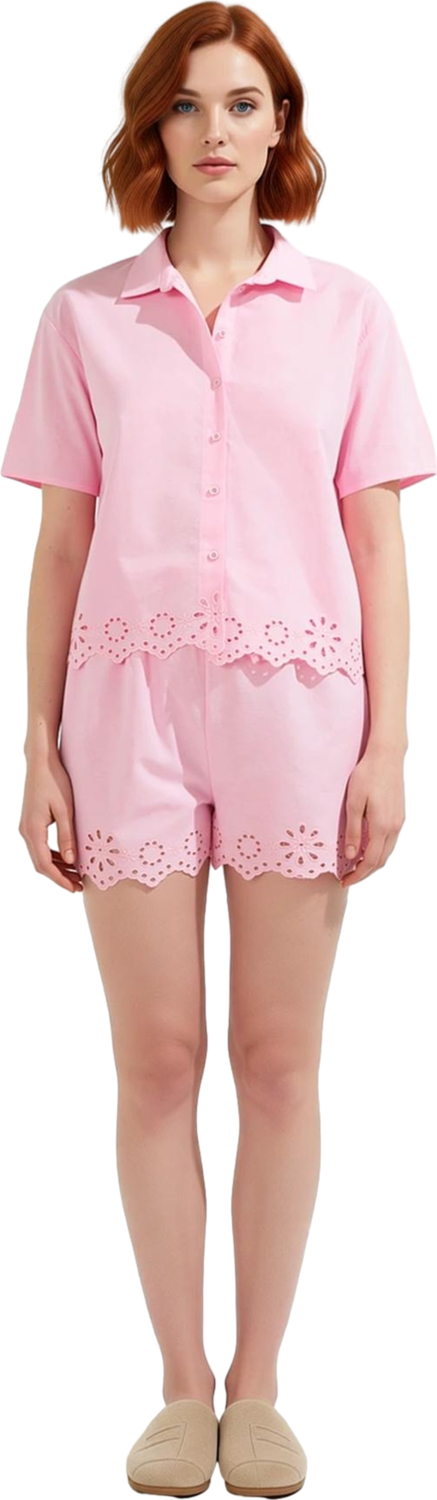 Kadın Brode Detaylı Gömlek Şort Pijama Takımı Fonksiyonel Dayanıklı Kaliteli Konforlu Spor