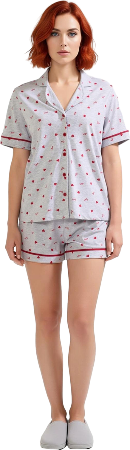 Kadın Kalpli Şortlu Pijama Takımı Gömlek Yaka Fonksiyonel Dayanıklı Kaliteli Konforlu Spor